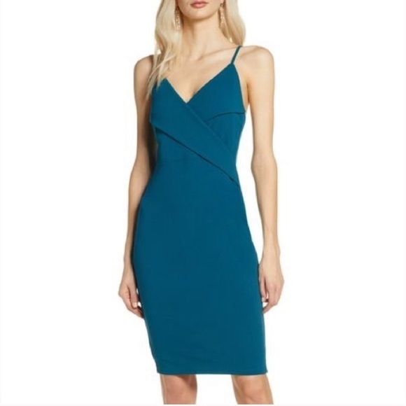 Lulu's Surplice Spaghetti Strap Bodycon Teal Dress - Picture 1 of 9